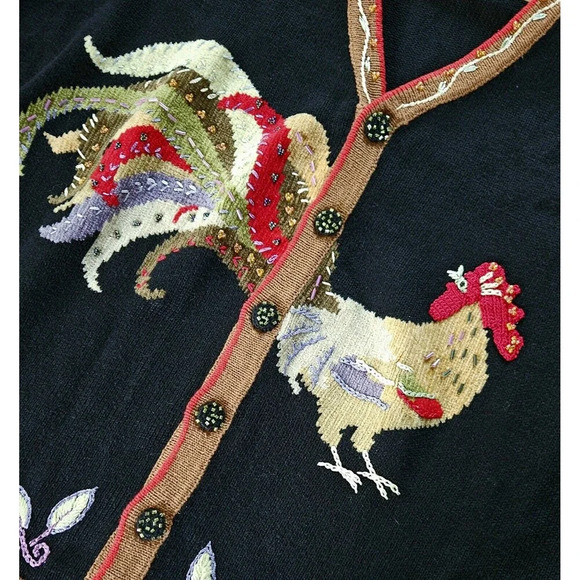 Vtg Black Embroidered Beaded Rooster Chicken Cardigan Large Grannycore Colorful - Picture 5 of 8